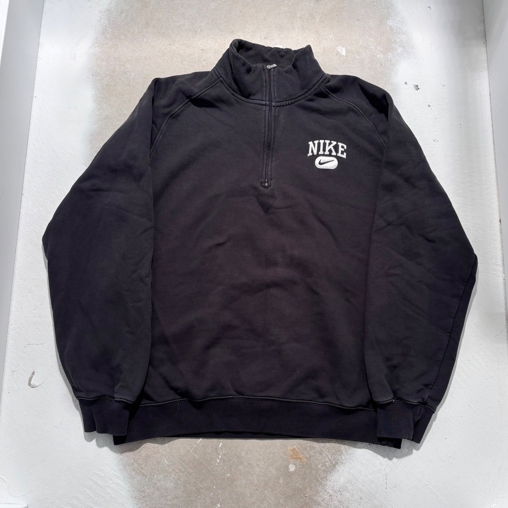 Nike Mens Vintage Quarter Zip Sweatshirt Black Embroidered Spellout Logo XL